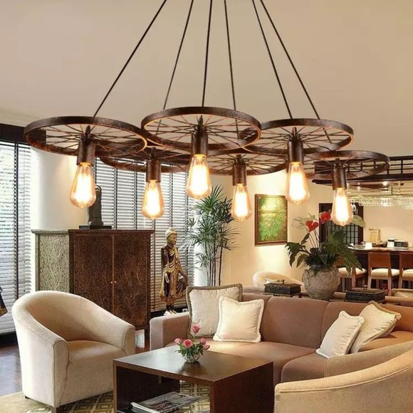 Rustic 6 Bulb Wagon Wheel Chandelier Distressed Bronze Finish Home Business - Picture 6 of 16